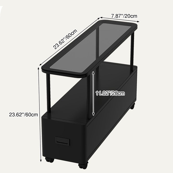 Moderner minimalistischer ultraflacher rechteckiger beweglicher Beistelltisch aus gehärtetem Glas, Metall und Spanplatte mit 1 Schublade fürs Schlafzimmer 