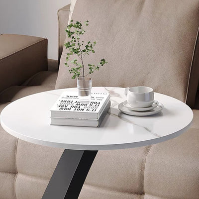 Modern Minimalist Round Rock Slab Carbon Steel End Table 1-Tier For Living Room