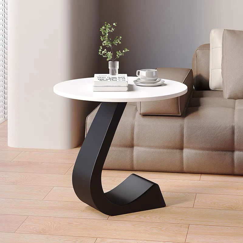 Modern Minimalist Round Rock Slab Carbon Steel End Table 1-Tier For Living Room