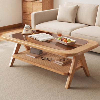Traditional Rustic Rectangular Rubberwood Glass Rattan Weaving Coffee Table 2-Tier For Living Room