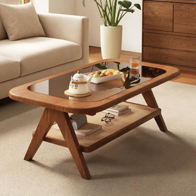 Traditional Rustic Rectangular Rubberwood Glass Rattan Weaving Coffee Table 2-Tier For Living Room
