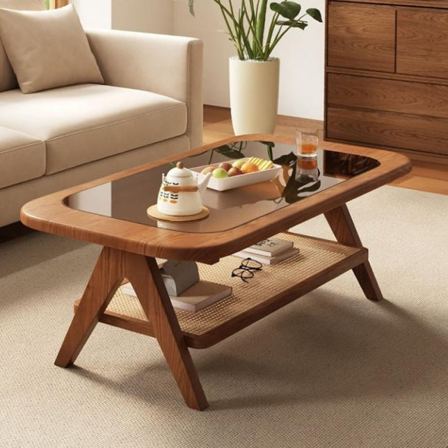 Traditional Rustic Rectangular Rubberwood Glass Rattan Weaving Coffee Table 2-Tier For Living Room
