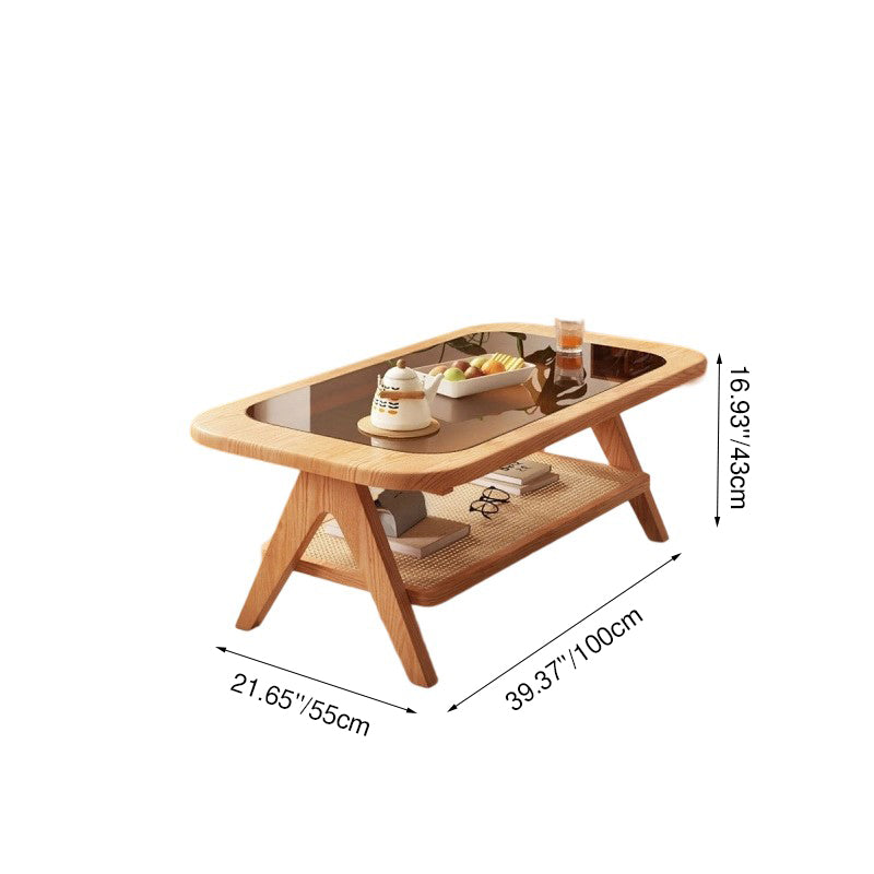 Traditional Rustic Rectangular Rubberwood Glass Rattan Weaving Coffee Table 2-Tier For Living Room