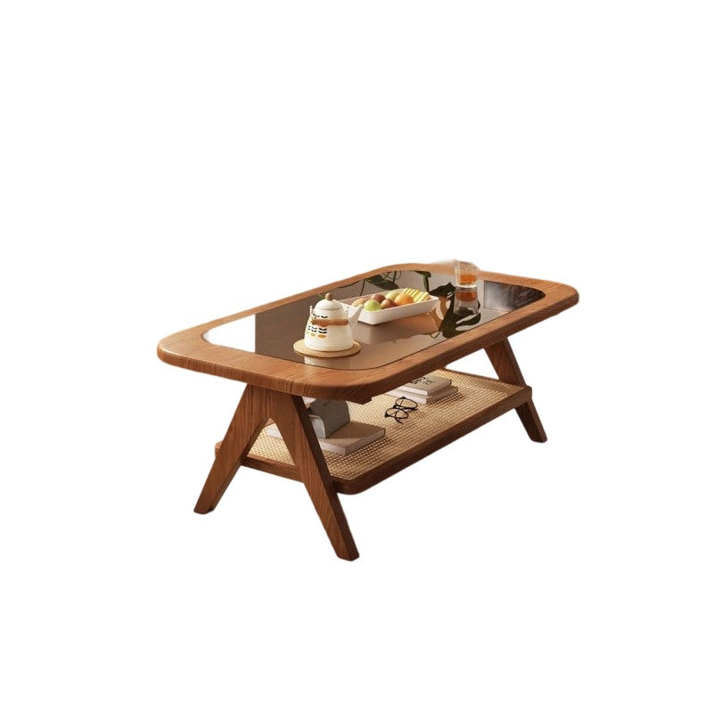 Traditional Rustic Rectangular Rubberwood Glass Rattan Weaving Coffee Table 2-Tier For Living Room