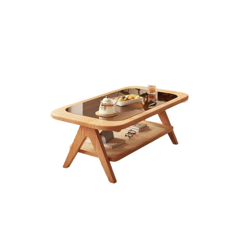 Traditional Rustic Rectangular Rubberwood Glass Rattan Weaving Coffee Table 2-Tier For Living Room