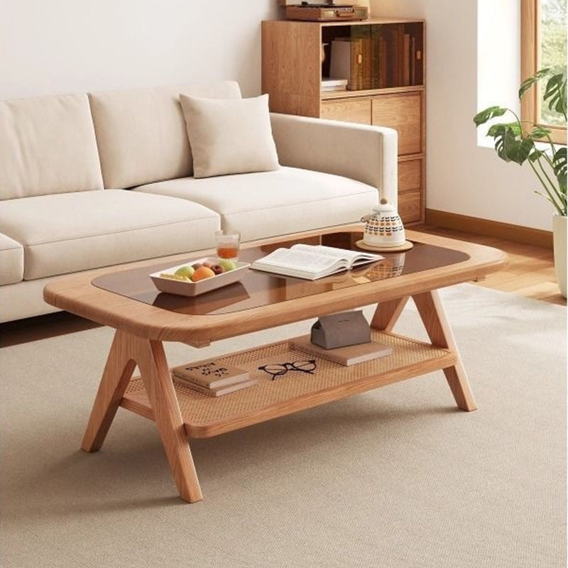 Traditional Rustic Rectangular Rubberwood Glass Rattan Weaving Coffee Table 2-Tier For Living Room
