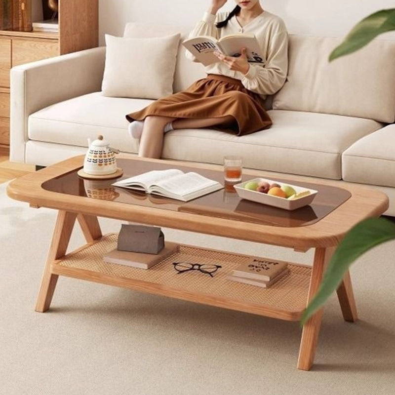 Traditional Rustic Rectangular Rubberwood Glass Rattan Weaving Coffee Table 2-Tier For Living Room