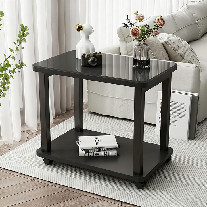 Table basse rectangulaire minimaliste moderne en verre trempé et acier au carbone avec plateau artificiel à 2 niveaux pour salon 