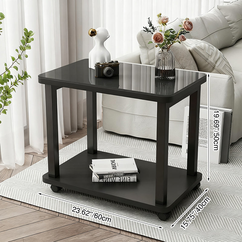Table basse rectangulaire minimaliste moderne en verre trempé et acier au carbone avec plateau artificiel à 2 niveaux pour salon 