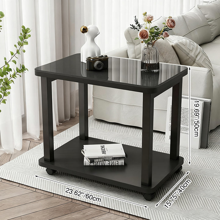 Table basse rectangulaire minimaliste moderne en verre trempé et acier au carbone avec plateau artificiel à 2 niveaux pour salon 