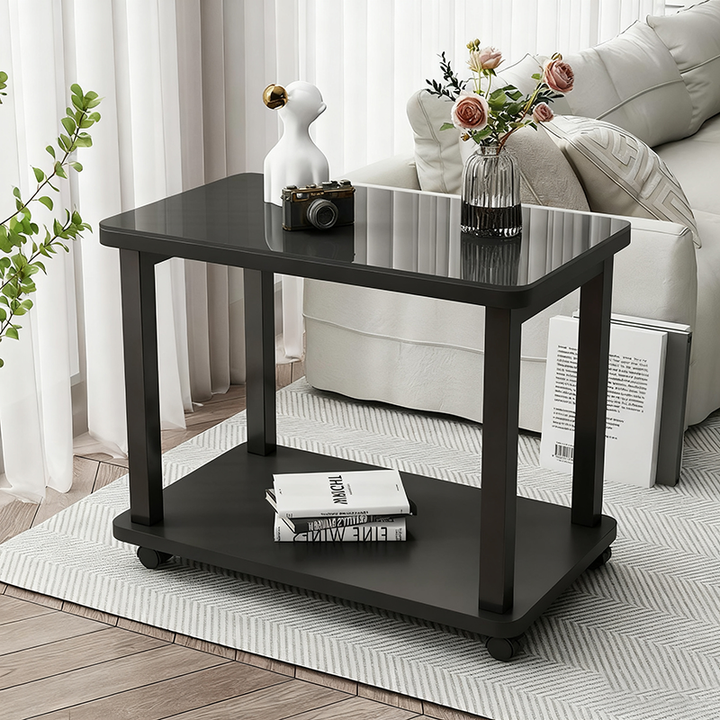 Table basse rectangulaire minimaliste moderne en verre trempé et acier au carbone avec plateau artificiel à 2 niveaux pour salon 
