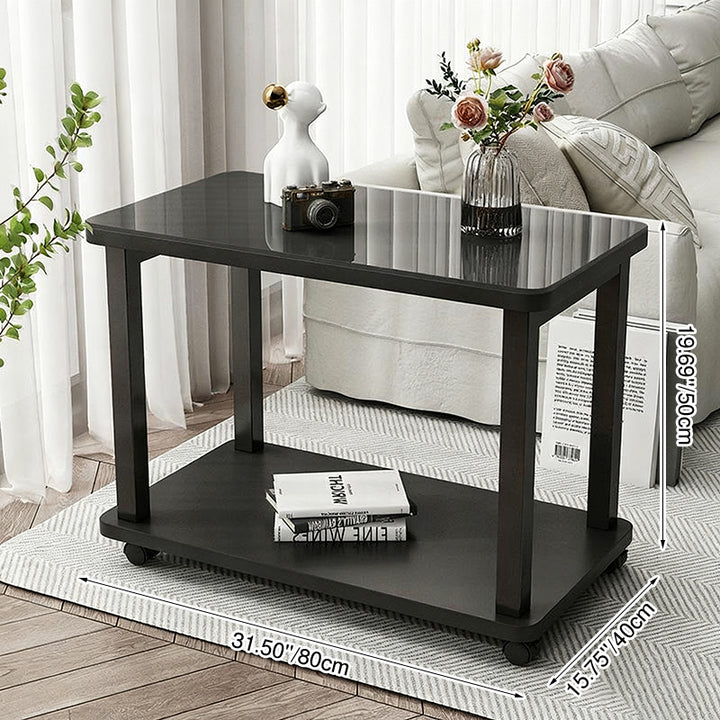 Table basse rectangulaire minimaliste moderne en verre trempé et acier au carbone avec plateau artificiel à 2 niveaux pour salon 