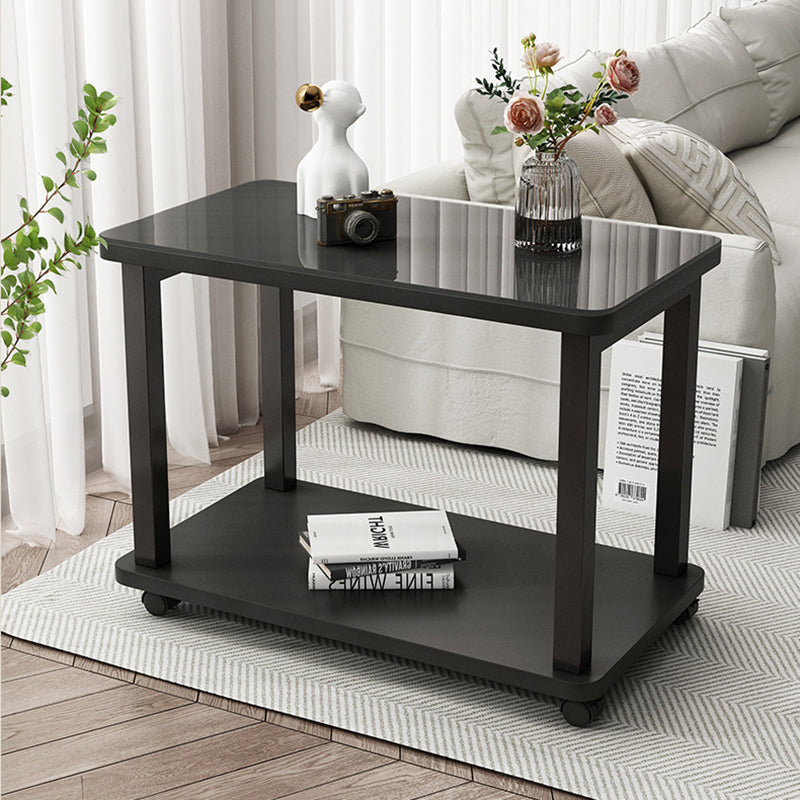 Modern Minimalist Rectangular Tempered Glass Carbon Steel Artificial Board Coffee Table 2-Tier For Living Room