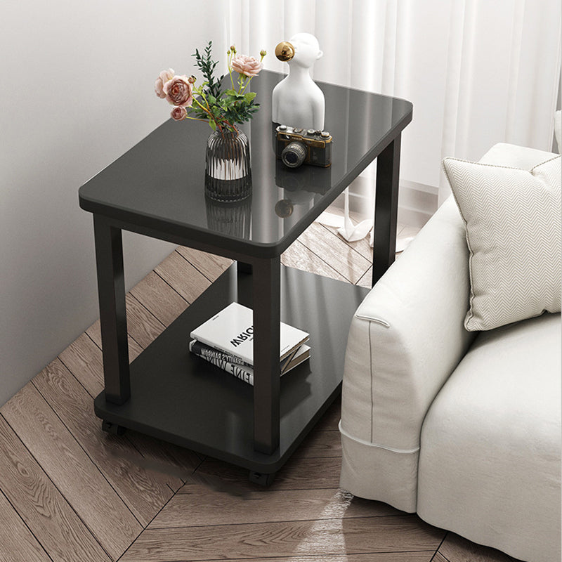 Table basse rectangulaire minimaliste moderne en verre trempé et acier au carbone avec plateau artificiel à 2 niveaux pour salon 