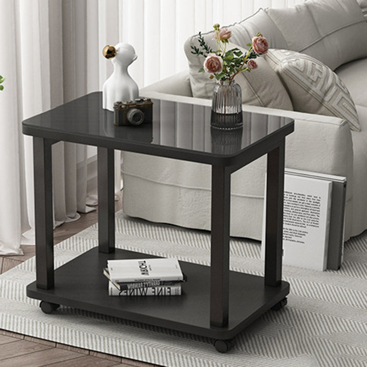 Table basse rectangulaire minimaliste moderne en verre trempé et acier au carbone avec plateau artificiel à 2 niveaux pour salon 