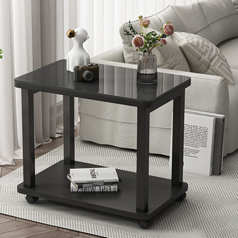 Modern Minimalist Rectangular Tempered Glass Carbon Steel Artificial Board Coffee Table 2-Tier For Living Room
