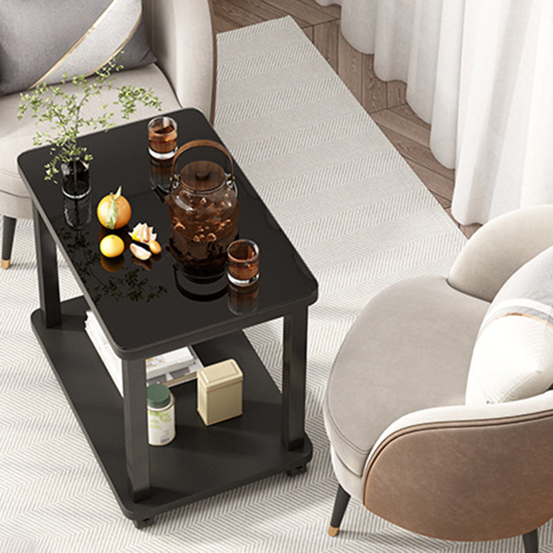 Table basse rectangulaire minimaliste moderne en verre trempé et acier au carbone avec plateau artificiel à 2 niveaux pour salon 