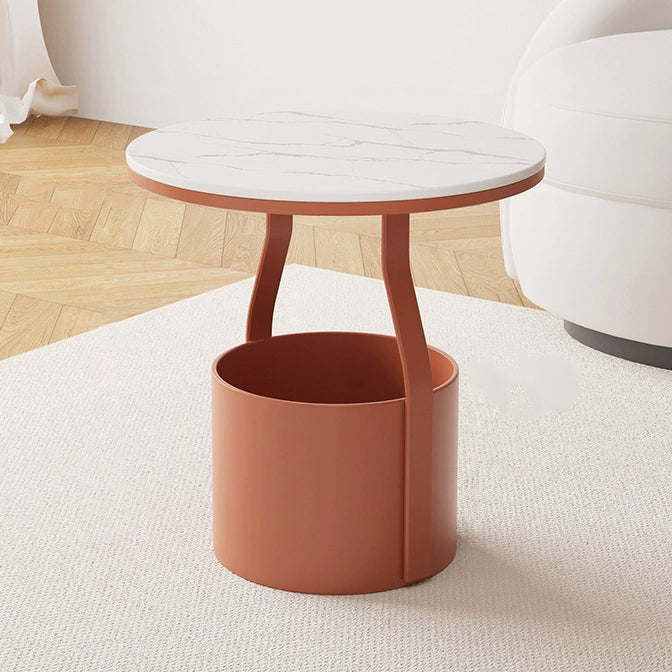 Modern Minimalist Round Rock Slab Glass Iron End Table 1-Basket For Living Room