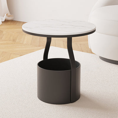 Modern Minimalist Round Rock Slab Glass Iron End Table 1-Basket For Living Room