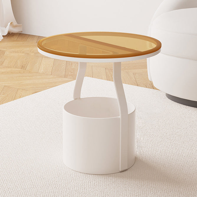 Modern Minimalist Round Rock Slab Glass Iron End Table 1-Basket For Living Room