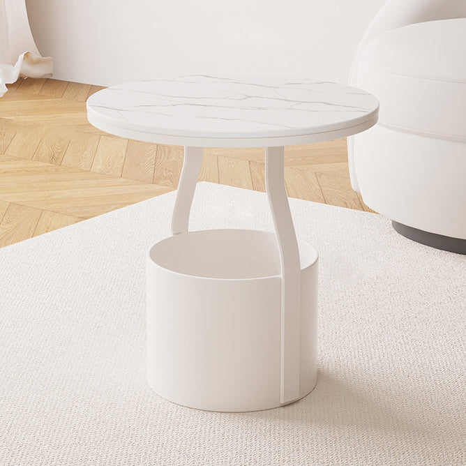 Modern Minimalist Round Rock Slab Glass Iron End Table 1-Basket For Living Room