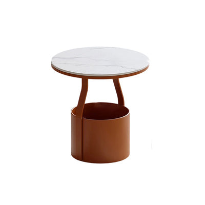 Modern Minimalist Round Rock Slab Glass Iron End Table 1-Basket For Living Room
