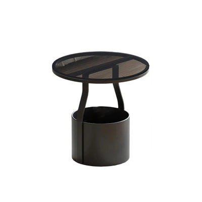 Modern Minimalist Round Rock Slab Glass Iron End Table 1-Basket For Living Room
