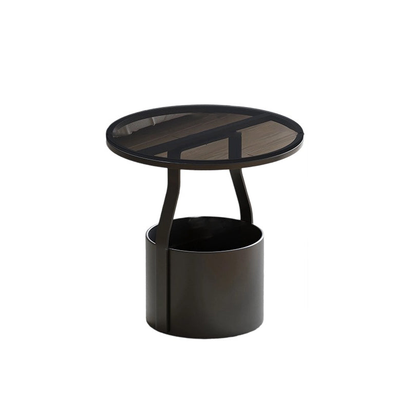Modern Minimalist Round Rock Slab Glass Iron End Table 1-Basket For Living Room