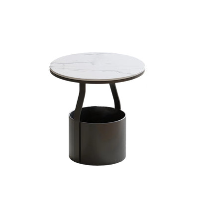 Modern Minimalist Round Rock Slab Glass Iron End Table 1-Basket For Living Room