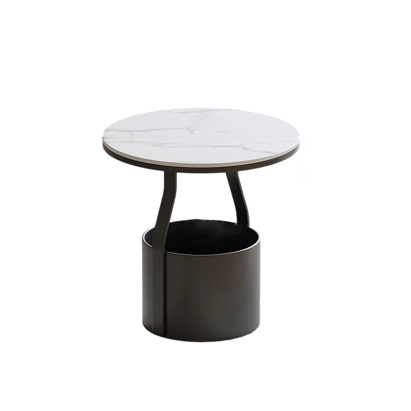 Modern Minimalist Round Rock Slab Glass Iron End Table 1-Basket For Living Room
