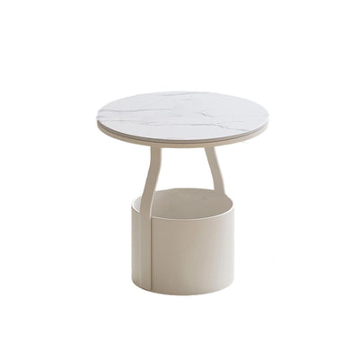 Modern Minimalist Round Rock Slab Glass Iron End Table 1-Basket For Living Room