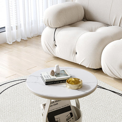 Modern Minimalist Round Rock Slab Glass Iron End Table 1-Basket For Living Room