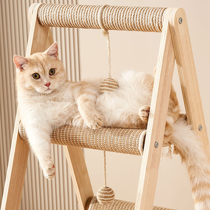 Tour pour chat moderne minimaliste en corde de chanvre triangulaire, planche multicouche, 3 niveaux pour salon 