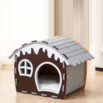 Traditional Rustic Hard-Wearing Log Cabin Felt & MDF Cat Beds 1-Tier For Living Room