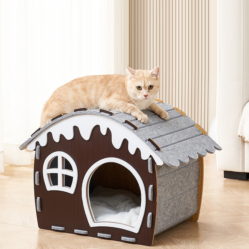 Traditional Rustic Hard-Wearing Log Cabin Felt & MDF Cat Beds 1-Tier For Living Room