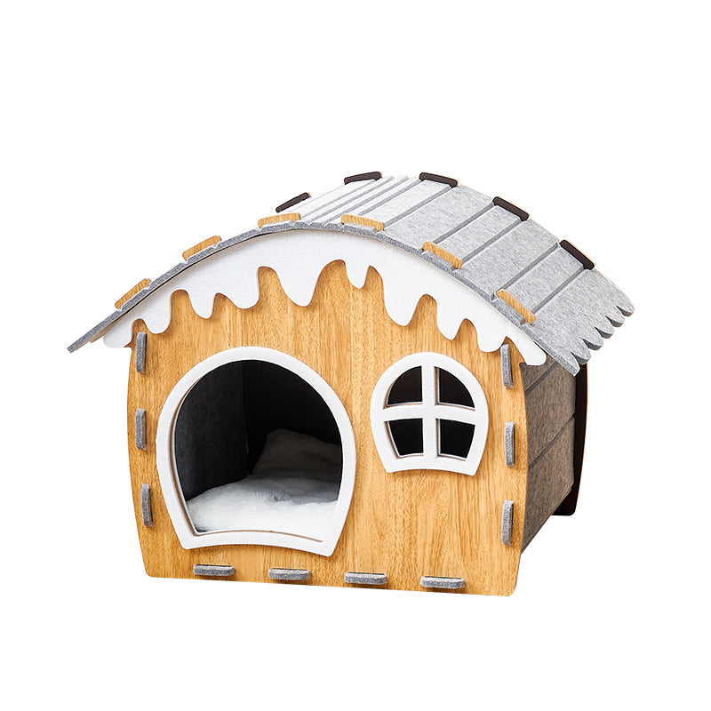 Traditional Rustic Hard-Wearing Log Cabin Felt & MDF Cat Beds 1-Tier For Living Room