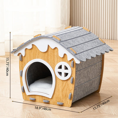 Traditional Rustic Hard-Wearing Log Cabin Felt & MDF Cat Beds 1-Tier For Living Room