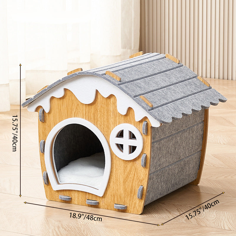 Traditional Rustic Hard-Wearing Log Cabin Felt & MDF Cat Beds 1-Tier For Living Room