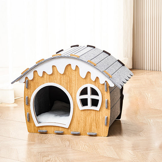 Traditional Rustic Hard-Wearing Log Cabin Felt & MDF Cat Beds 1-Tier For Living Room
