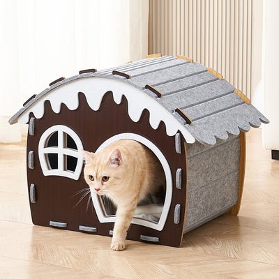 Traditional Rustic Hard-Wearing Log Cabin Felt & MDF Cat Beds 1-Tier For Living Room