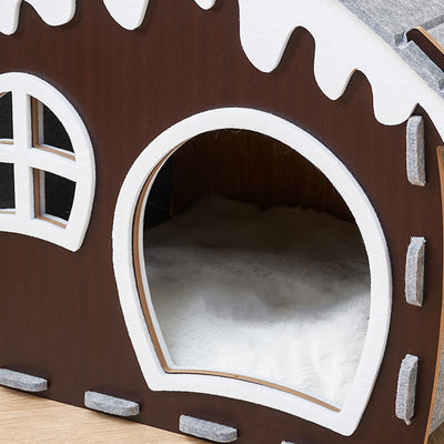 Traditional Rustic Hard-Wearing Log Cabin Felt & MDF Cat Beds 1-Tier For Living Room