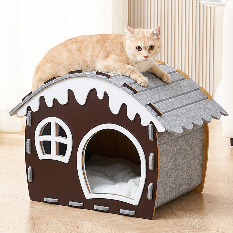 Traditional Rustic Hard-Wearing Log Cabin Felt & MDF Cat Beds 1-Tier For Living Room