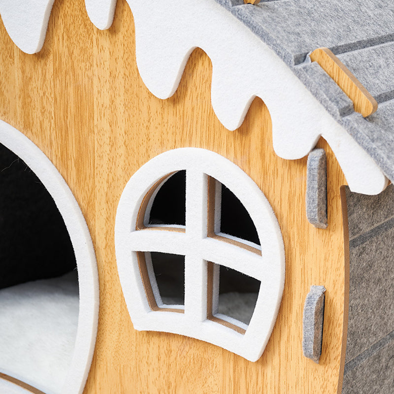 Traditional Rustic Hard-Wearing Log Cabin Felt & MDF Cat Beds 1-Tier For Living Room