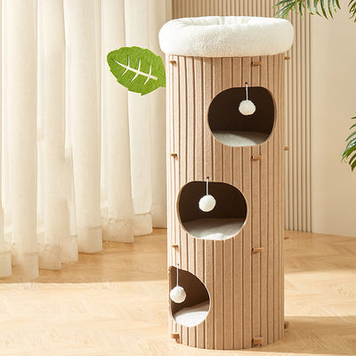 Traditional Rustic Cylindrical Tree Hole Felt Sherpa Fleece & MDF Cat Tower 2/3-Hole For Living Room