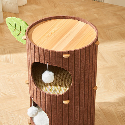Traditional Rustic Cylindrical Tree Hole Felt Sherpa Fleece & MDF Cat Tower 2/3-Hole For Living Room