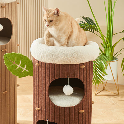 Traditional Rustic Cylindrical Tree Hole Felt Sherpa Fleece & MDF Cat Tower 2/3-Hole For Living Room