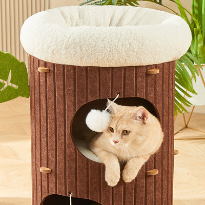 Traditional Rustic Cylindrical Tree Hole Felt Sherpa Fleece & MDF Cat Tower 2/3-Hole For Living Room