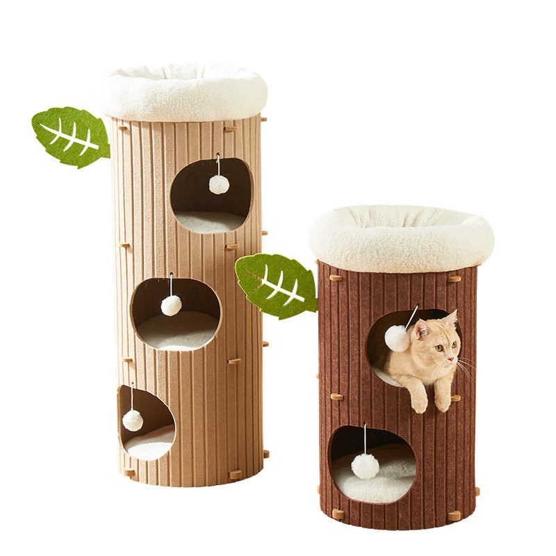 Traditional Rustic Cylindrical Tree Hole Felt Sherpa Fleece & MDF Cat Tower 2/3-Hole For Living Room