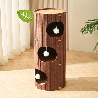 Traditional Rustic Cylindrical Tree Hole Felt Sherpa Fleece & MDF Cat Tower 2/3-Hole For Living Room
