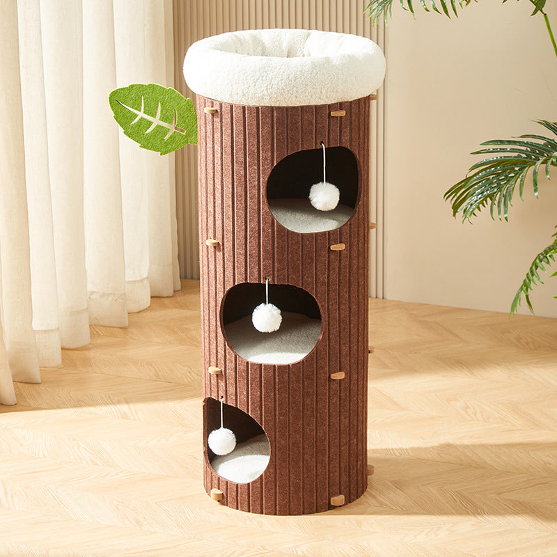 Traditional Rustic Cylindrical Tree Hole Felt Sherpa Fleece & MDF Cat Tower 2/3-Hole For Living Room